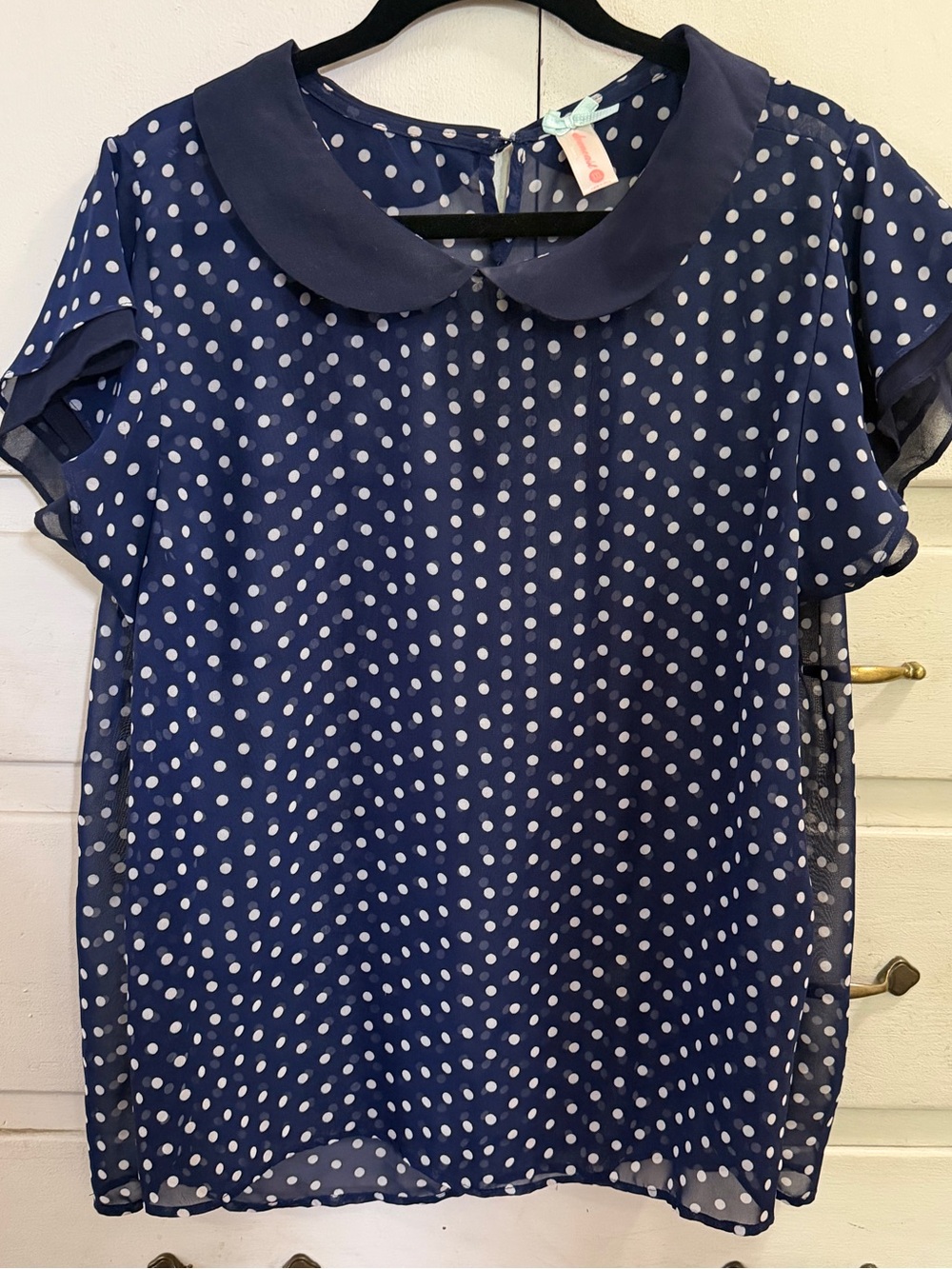 DownEast Navy and White Polka Dot Peter Pan Collar Blouse
